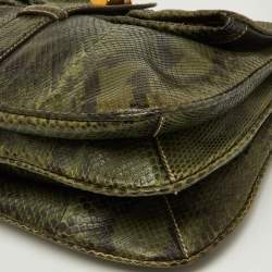 Pre Owned Gucci Green Python Heritage Foldover Bamboo Top Handle Bag