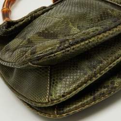 Pre Owned Gucci Green Python Heritage Foldover Bamboo Top Handle Bag