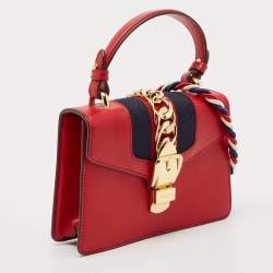Gucci Red Leather Mini Web Sylvie Top Handle Bag