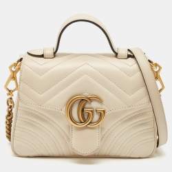 Pre Owned Gucci Off White Matelassé Leather Small GG Marmont Top Handle Bag