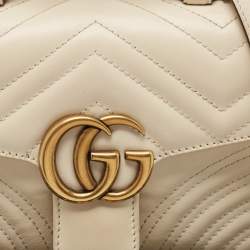 Pre Owned Gucci Off White Matelassé Leather Small GG Marmont Top Handle Bag