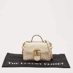 Pre Owned Gucci Off White Matelassé Leather Small GG Marmont Top Handle Bag