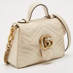 Pre Owned Gucci Off White Matelassé Leather Small GG Marmont Top Handle Bag