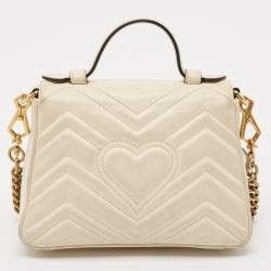 Pre Owned Gucci Off White Matelassé Leather Small GG Marmont Top Handle Bag