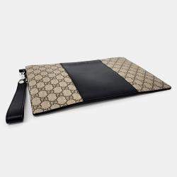 Gucci Beige Black Coated Canvas and Leather GG Supreme Clutch Bag