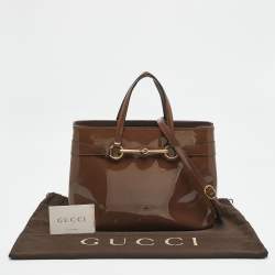 Pre Owned Gucci Beige Patent Leather Medium Bright Bit Tote