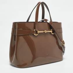 Pre Owned Gucci Beige Patent Leather Medium Bright Bit Tote