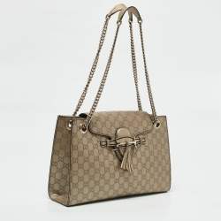 Pre Owned Gucci Beige Metallic Guccissima Leather Large Emily Chain Shoulder Bag