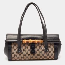 Pre Owned Gucci Black GG Canvas and Leather Bamboo Bullet Satchel