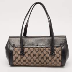 Pre Owned Gucci Black GG Canvas and Leather Bamboo Bullet Satchel