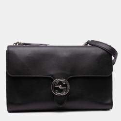 Gucci Black Leather Dollar Interlocking G Medium Crossbody Bag