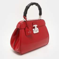 Pre Owned Gucci Red Patent Leather Lady Lock Bamboo Top Handle Bag