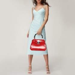 Pre Owned Gucci Red Patent Leather Lady Lock Bamboo Top Handle Bag
