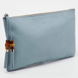 Pre Owned Gucci Light Blue Leather Bamboo Tassel Clutch