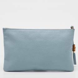 Pre Owned Gucci Light Blue Leather Bamboo Tassel Clutch