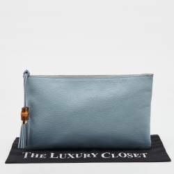 Pre Owned Gucci Light Blue Leather Bamboo Tassel Clutch