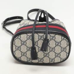 Pre Owned Gucci Blue/Beige GG Supreme Canvas and Leather Mini Ophidia Drawstring Bucket Bag