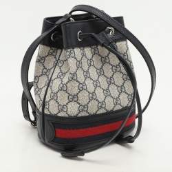 Pre Owned Gucci Blue/Beige GG Supreme Canvas and Leather Mini Ophidia Drawstring Bucket Bag