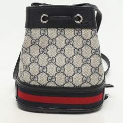 Pre Owned Gucci Blue/Beige GG Supreme Canvas and Leather Mini Ophidia Drawstring Bucket Bag
