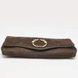 Gucci Dark Brown Nubuck Leather Ribot Horse Head Clutch