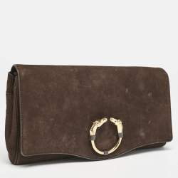 Gucci Dark Brown Nubuck Leather Ribot Horse Head Clutch