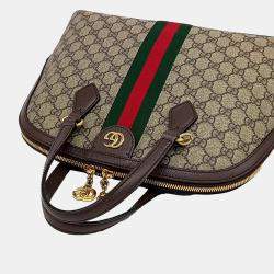 Gucci Beige Brown Fabric Ophidia medium top handle bag
