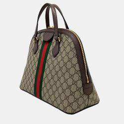 Gucci Beige Brown Fabric Ophidia medium top handle bag