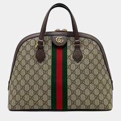Gucci Beige Brown Fabric Ophidia medium top handle bag