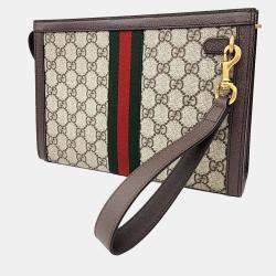 Gucci Beige Brown Canvas and Leather Ophidia GG Clutch