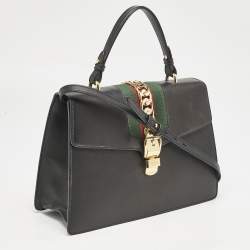 Gucci Black Leather Medium Web Sylvie Top Handle Bag