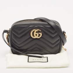 Pre Owned Gucci Black Matelassé Leather Mini GG Marmont Camera Bag