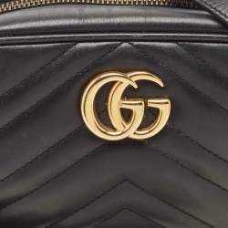 Pre Owned Gucci Black Matelassé Leather Mini GG Marmont Camera Bag