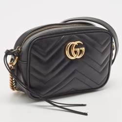 Pre Owned Gucci Black Matelassé Leather Mini GG Marmont Camera Bag