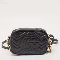 Pre Owned Gucci Black Matelassé Leather Mini GG Marmont Camera Bag