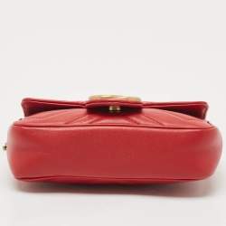 Pre Owned Gucci Red Matelassé Leather Super Mini GG Marmont Shoulder Bag