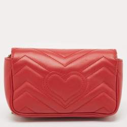 Pre Owned Gucci Red Matelassé Leather Super Mini GG Marmont Shoulder Bag