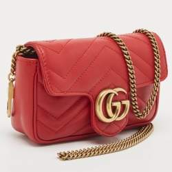 Pre Owned Gucci Red Matelassé Leather Super Mini GG Marmont Shoulder Bag