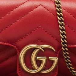 Pre Owned Gucci Red Matelassé Leather Super Mini GG Marmont Shoulder Bag