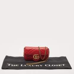Pre Owned Gucci Red Matelassé Leather Super Mini GG Marmont Shoulder Bag