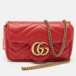 Pre Owned Gucci Red Matelassé Leather Super Mini GG Marmont Shoulder Bag