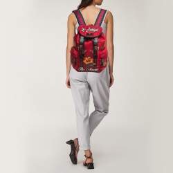 Pre Owned Gucci Red Nylon Web L'Aveugle Par Amour Embroidered Backpack