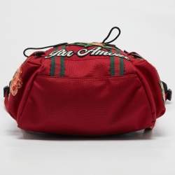 Pre Owned Gucci Red Nylon Web L'Aveugle Par Amour Embroidered Backpack