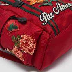 Pre Owned Gucci Red Nylon Web L'Aveugle Par Amour Embroidered Backpack