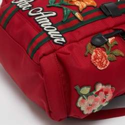Pre Owned Gucci Red Nylon Web L'Aveugle Par Amour Embroidered Backpack