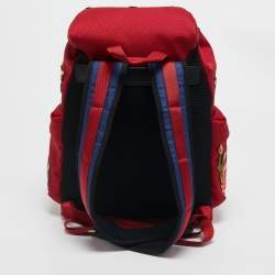 Pre Owned Gucci Red Nylon Web L'Aveugle Par Amour Embroidered Backpack