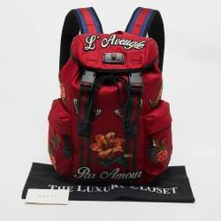 Pre Owned Gucci Red Nylon Web L'Aveugle Par Amour Embroidered Backpack