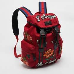 Pre Owned Gucci Red Nylon Web L'Aveugle Par Amour Embroidered Backpack