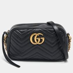 Pre Owned Gucci Black Matelassé Leather Small GG Marmont Bag