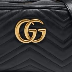 Pre Owned Gucci Black Matelassé Leather Small GG Marmont Bag