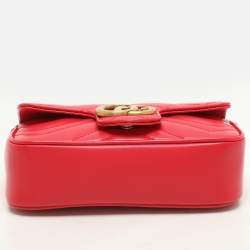 Gucci Red Matelassé Leather Super Mini GG Marmont Shoulder Bag